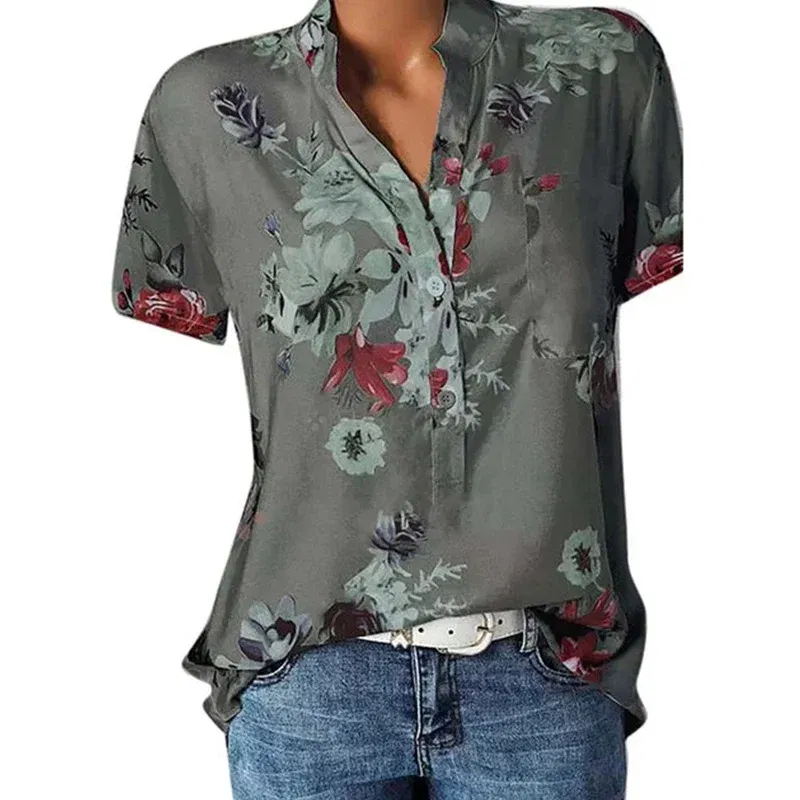 Color: Blue, Size: M - Temperament new women's shirt printing large size casual shirt loose V-neck short-sleeved shirt blouse