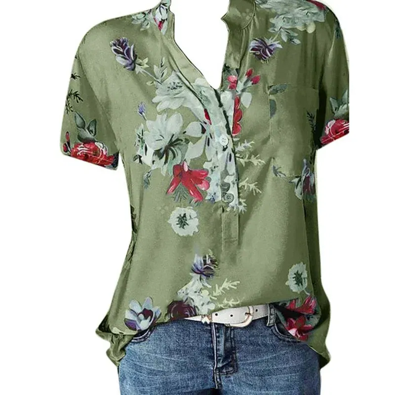 Color: Blue, Size: M - Temperament new women's shirt printing large size casual shirt loose V-neck short-sleeved shirt blouse