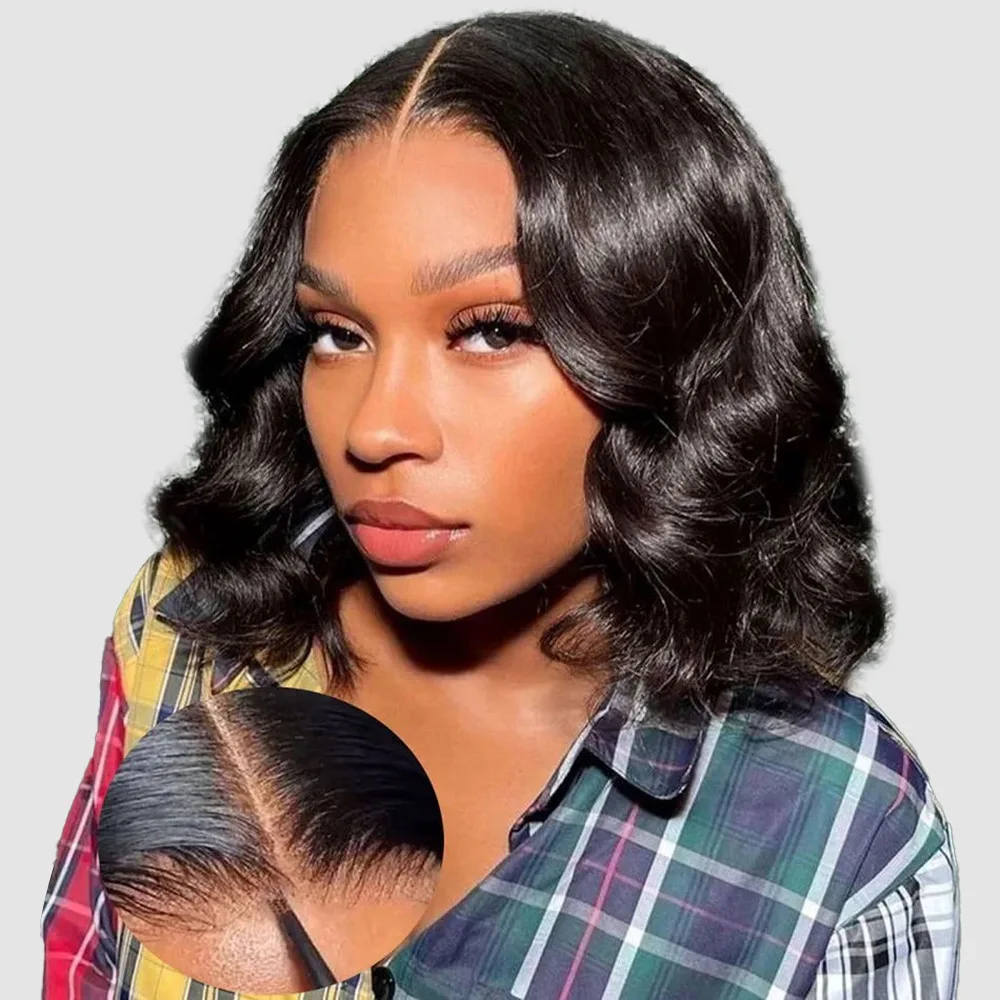 Hair Color: #1B, Ships From: United States, Stretched Length: 14inches, Density: 180% - 7x5 Glueless Ready To Wear And Go Pre plucked 180 Density Body Wave Short Bob Human Hair Wigs 13x4 Lace Frontal Human Hair Wig