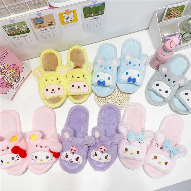 Color: Pink, Shoe Size: 36 - Japanese Anime Slippers Cartoon Open Toe Sweet Girly Indoor Home Plush Shoes Flat Non-slip Casual Girl Spring Autumn Kawaii