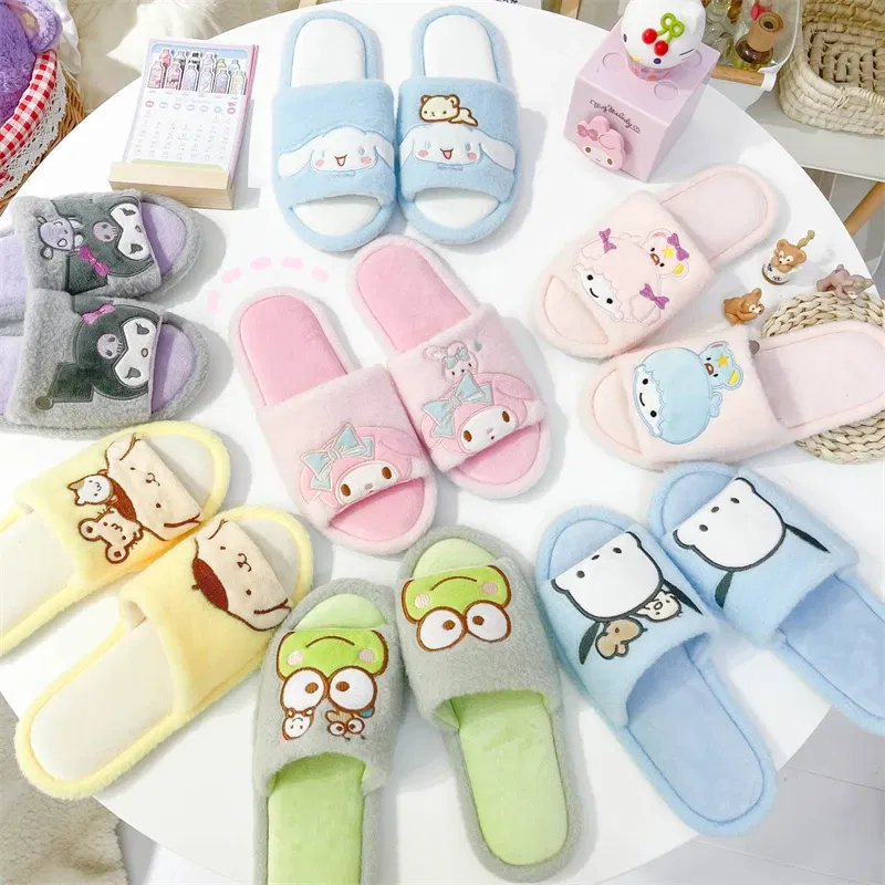 Color: Pink, Shoe Size: 36 - Japanese Anime Slippers Cartoon Open Toe Sweet Girly Indoor Home Plush Shoes Flat Non-slip Casual Girl Spring Autumn Kawaii