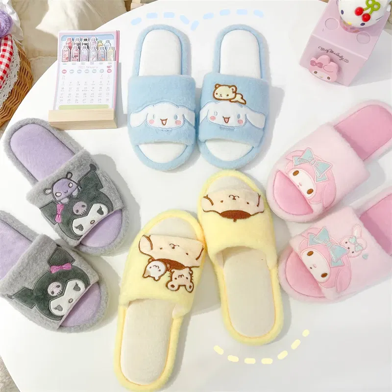 Color: Pink, Shoe Size: 36 - Japanese Anime Slippers Cartoon Open Toe Sweet Girly Indoor Home Plush Shoes Flat Non-slip Casual Girl Spring Autumn Kawaii
