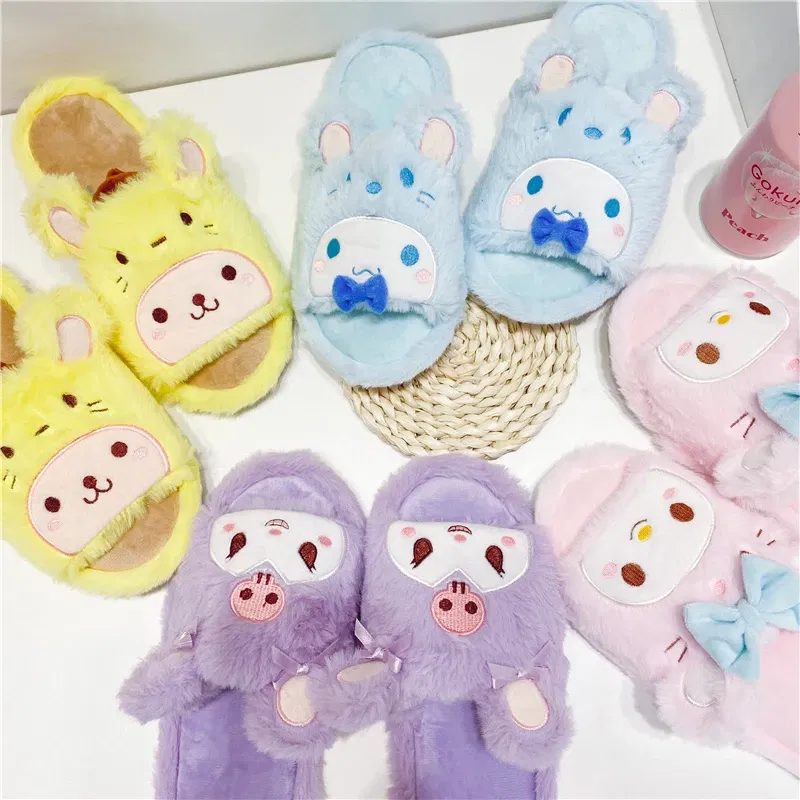 Color: Pink, Shoe Size: 36 - Japanese Anime Slippers Cartoon Open Toe Sweet Girly Indoor Home Plush Shoes Flat Non-slip Casual Girl Spring Autumn Kawaii