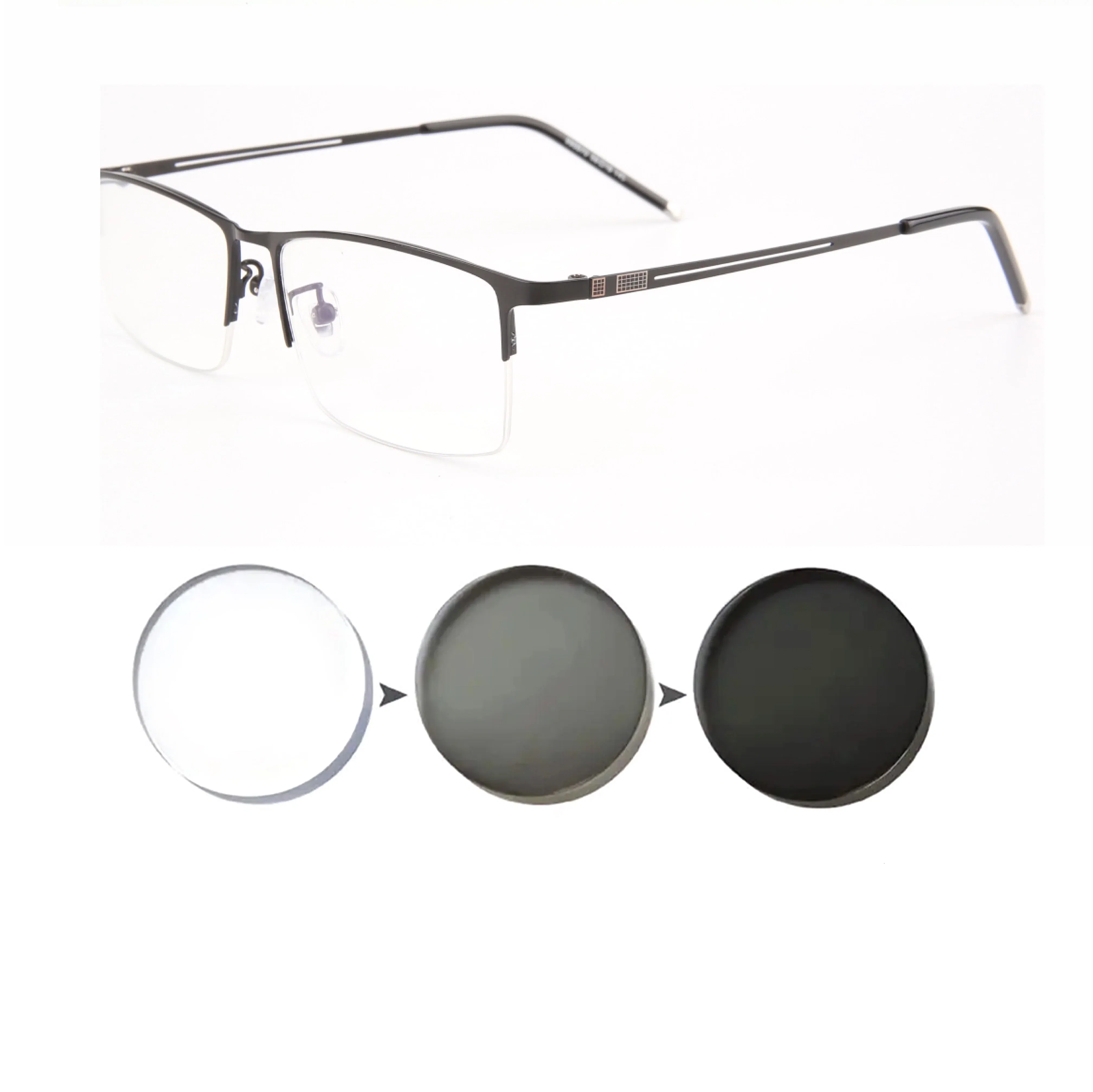 Frame Color: black, Eye Prescription: +125 - Sun Photochromic Finished Myopia Glasses Women Men Metal Half Frame Chameleon Short-sight Eyewear0 -0.5 -0.75 -1.0  To -6.0