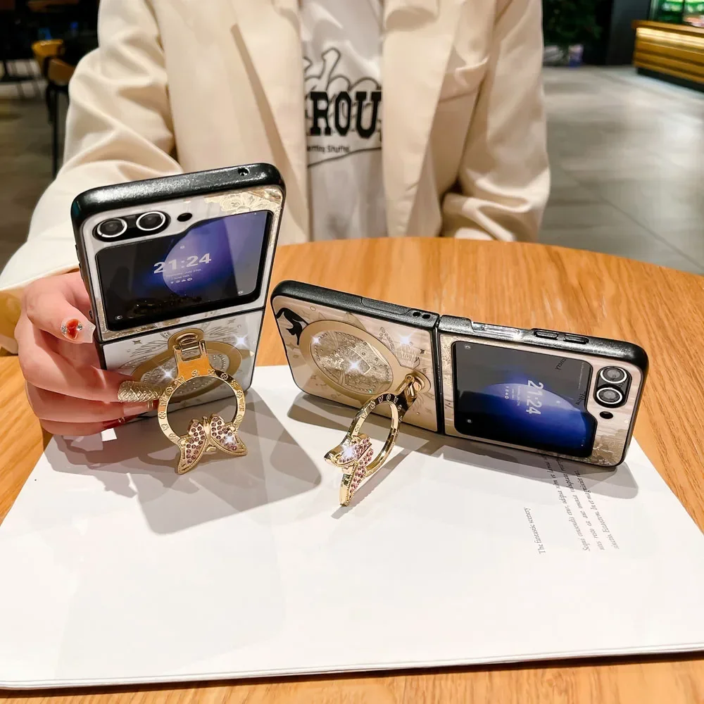 Material: Canvas, Color: Gold - For Samsung Galaxy Z Flip 5 4 3 5G MagSafe Magnetic Phone Case Stand Holder Glitter Bling Diamond 3D Ring Cover For Z Flip5 4 5G