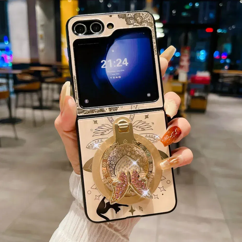 Material: Canvas, Color: Gold - For Samsung Galaxy Z Flip 5 4 3 5G MagSafe Magnetic Phone Case Stand Holder Glitter Bling Diamond 3D Ring Cover For Z Flip5 4 5G