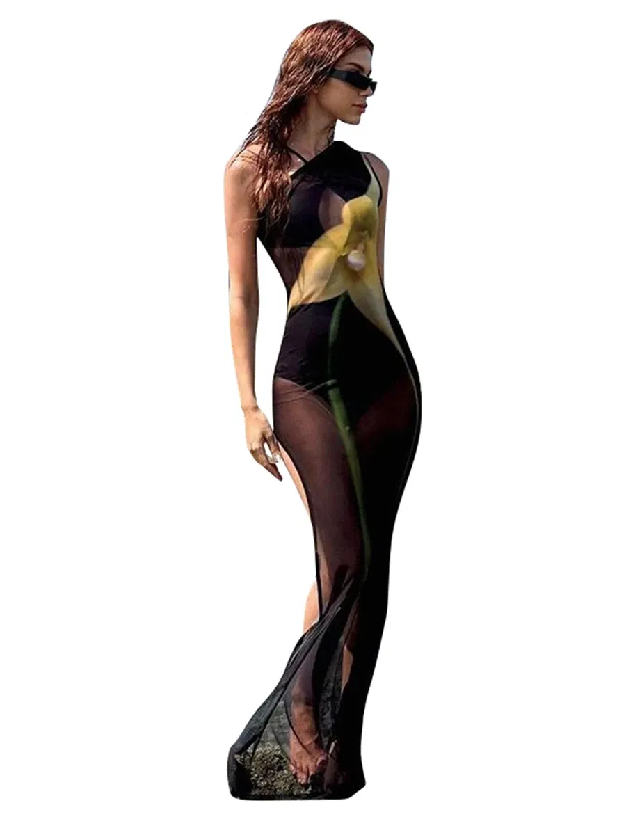 Color: black, Size: S - CUTENOVA Sexy Sleeveless One Shoulder Printed See Through Mesh Dresses For Women 2024 Summer High Slit Slim Beach Holiday Dress