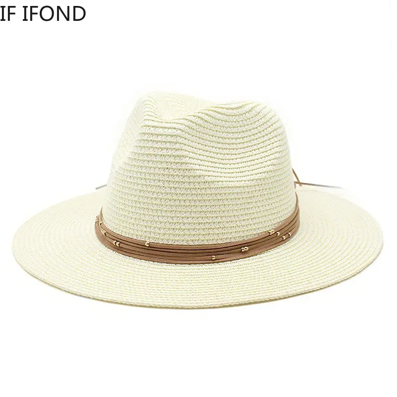 Color: GRAY, Size: L - Big Size 60CM New Straw Hat 7cm Brim Summer Cooling Beach Sun Hat Outdoor Party Panama Jazz Hat Sombreros De Mujer