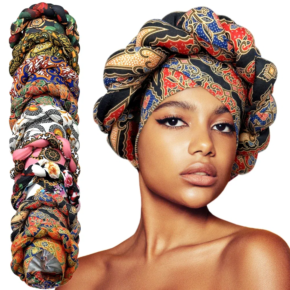Color: Green - African Headtie Bonnet Hat Turban for Women Muslim Head Wrap Nigerian Scarf Braid Hijab Femme Chemo Caps Cover