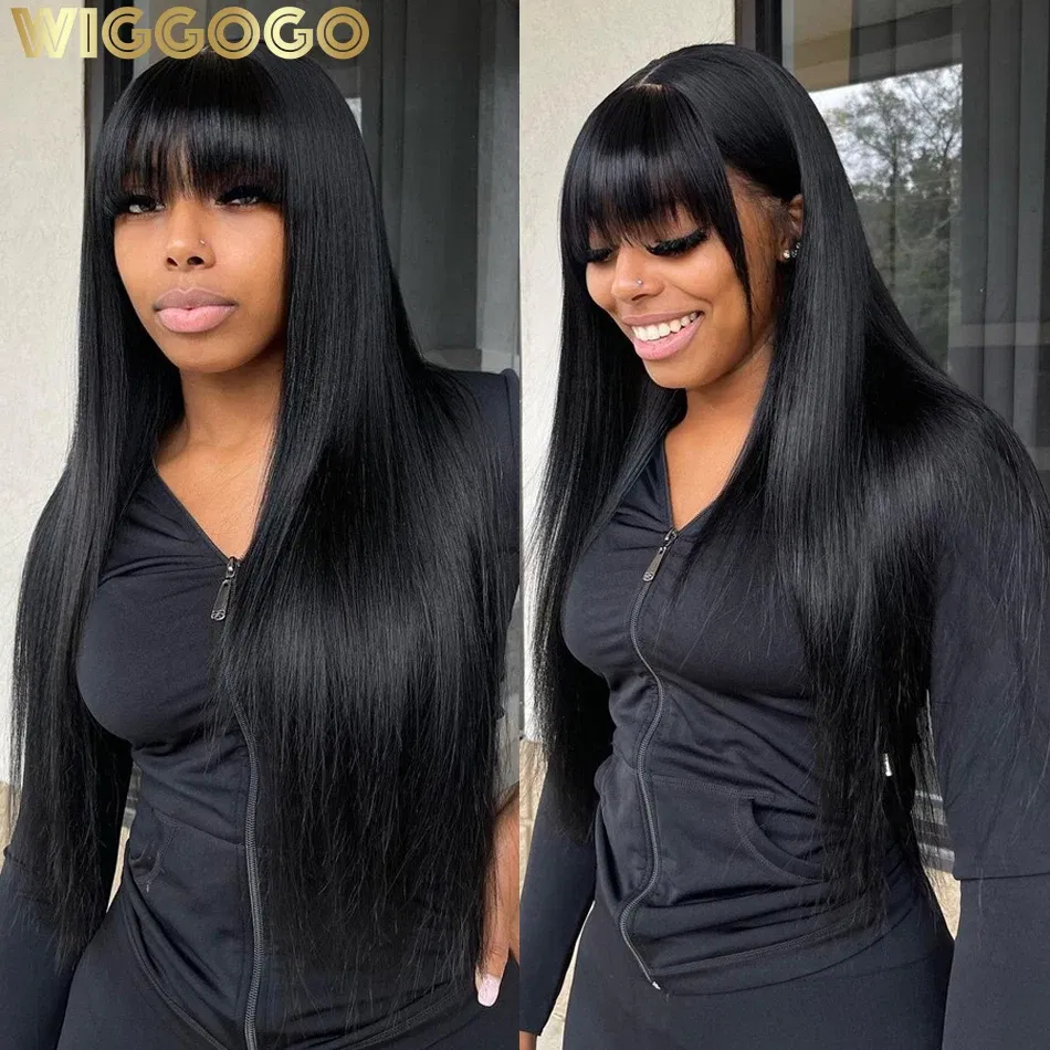 Stretched Length: 14inches, Hair Color: #1, Density: 180%, Ships From: CHINA - Wiggogo 3X1 Middle Part Lace Wig Bone Straight Human Hair Wig With Bangs Full Machine Made Straight Human Hair Wigs For Women