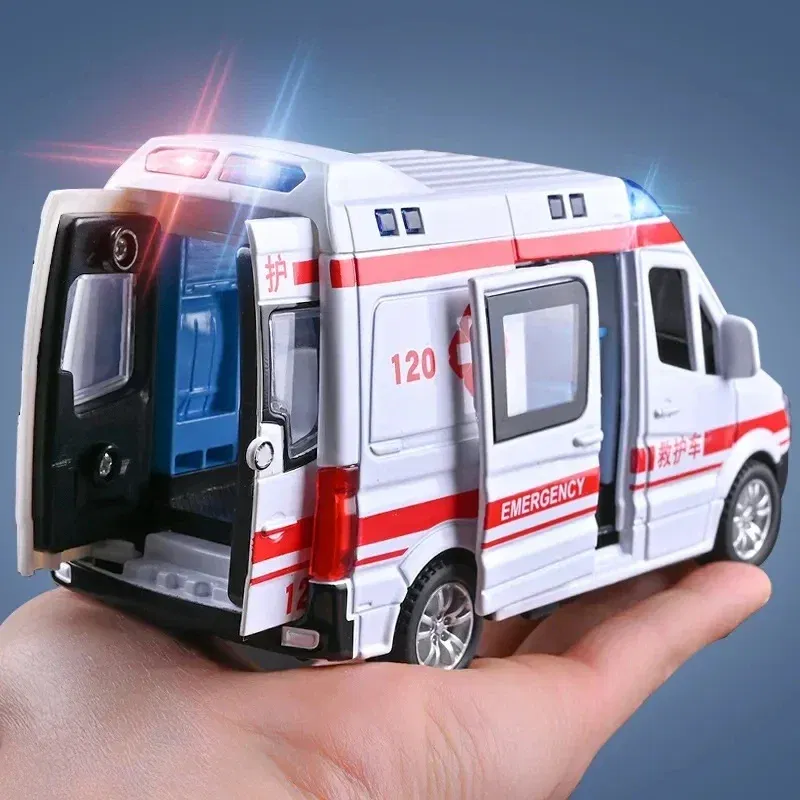 Color: black - 1:32 Mini Car Diecast Ambulance Fire-Truck Policecar Model Sound And Light Vehicle Simulation Collection Gifts Toys Boys