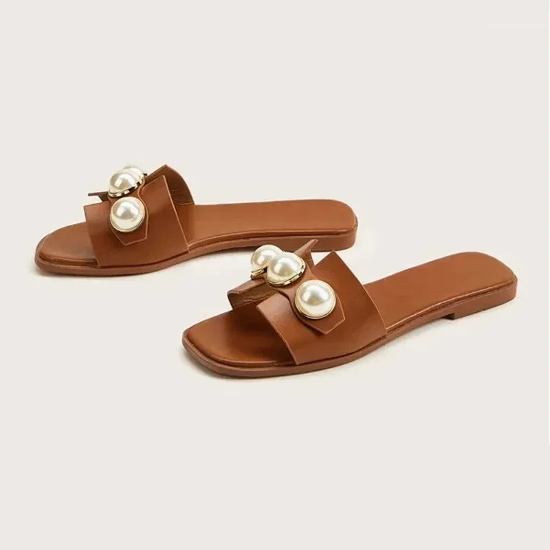 Color: black, Shoe Size: 40 - Slippers Women 2025 New Flat Slippers Party Shoes Fashion Pearl Sandals Slippers Roman Women Flip-Flops Casual Beach Shoes Trend