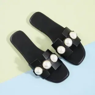 Color: black, Shoe Size: 40 - Slippers Women 2025 New Flat Slippers Party Shoes Fashion Pearl Sandals Slippers Roman Women Flip-Flops Casual Beach Shoes Trend