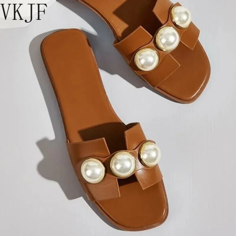 Color: black, Shoe Size: 40 - Slippers Women 2025 New Flat Slippers Party Shoes Fashion Pearl Sandals Slippers Roman Women Flip-Flops Casual Beach Shoes Trend