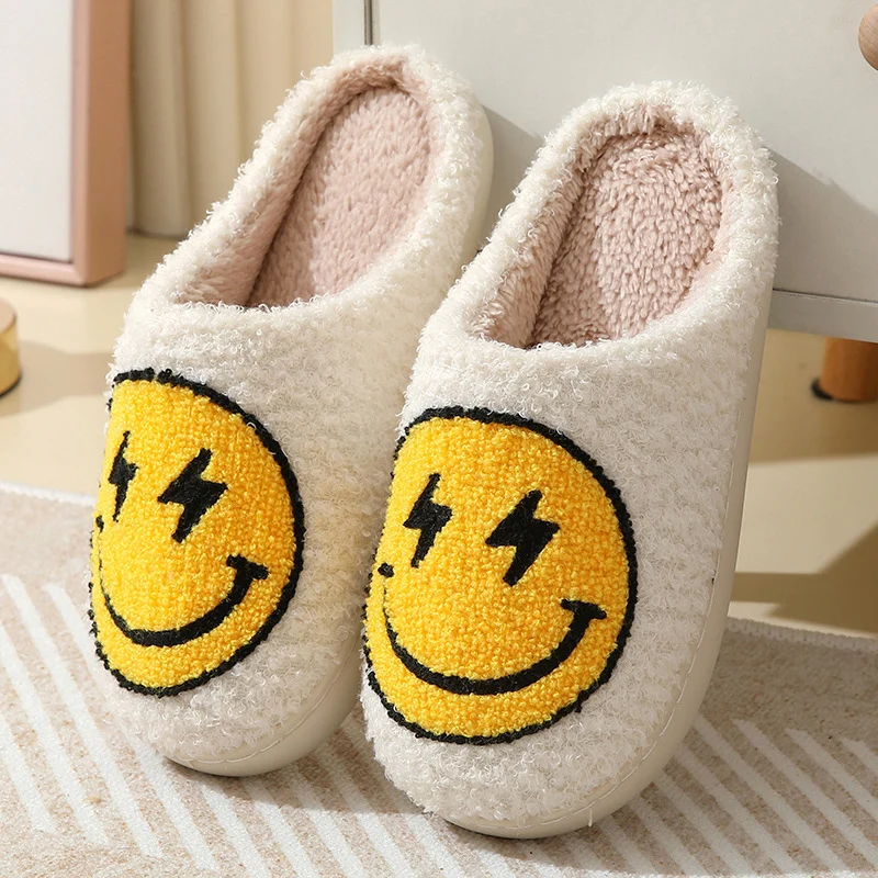 Color: WHITE, Shoe Size: 45 - Leopard Print Winter Slippers Women Lightning Smile Face Fluffy Fur Slippers Woman Indoor Anti-slip Furry Couple Cotton Slides