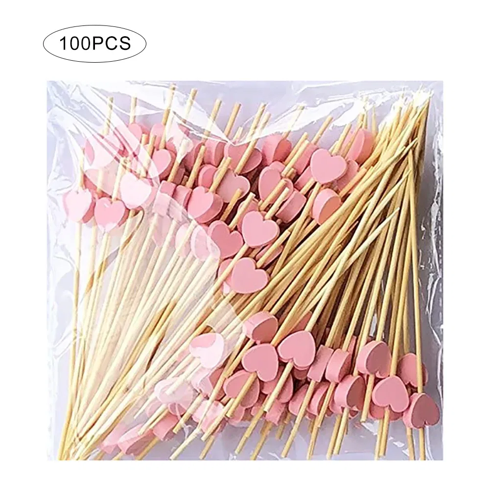 Color: Red - 100 Pack Of 12cm Love Fruit Skewers Disposable Platters Sushi Burgers Cocktails Snacks Bamboo Skewers