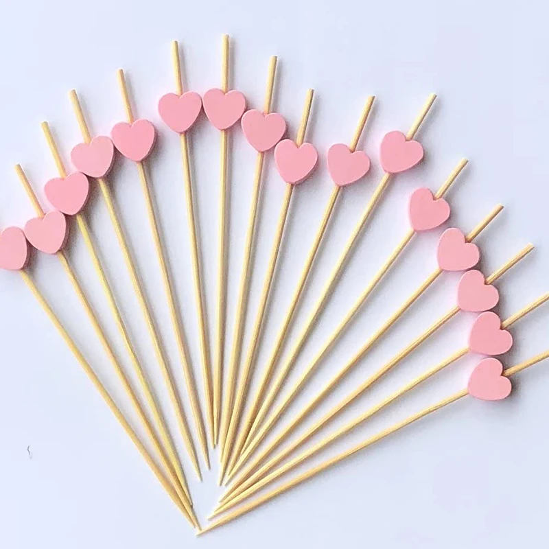 Color: Red - 100 Pack Of 12cm Love Fruit Skewers Disposable Platters Sushi Burgers Cocktails Snacks Bamboo Skewers