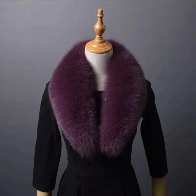 Color: PURPLE, Size: XL - Winter Real Fox Fur Collar Woman Furry Natural Raccoon Fur Scarf Shawls Luxury Neck Warmer Wraps For Coat Fur Scarves Large Size