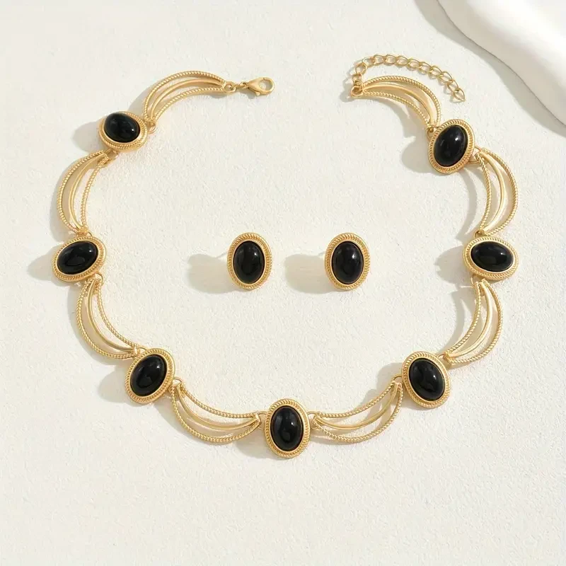 Vintage Style Black Oval Statement Necklace and Earrings Set