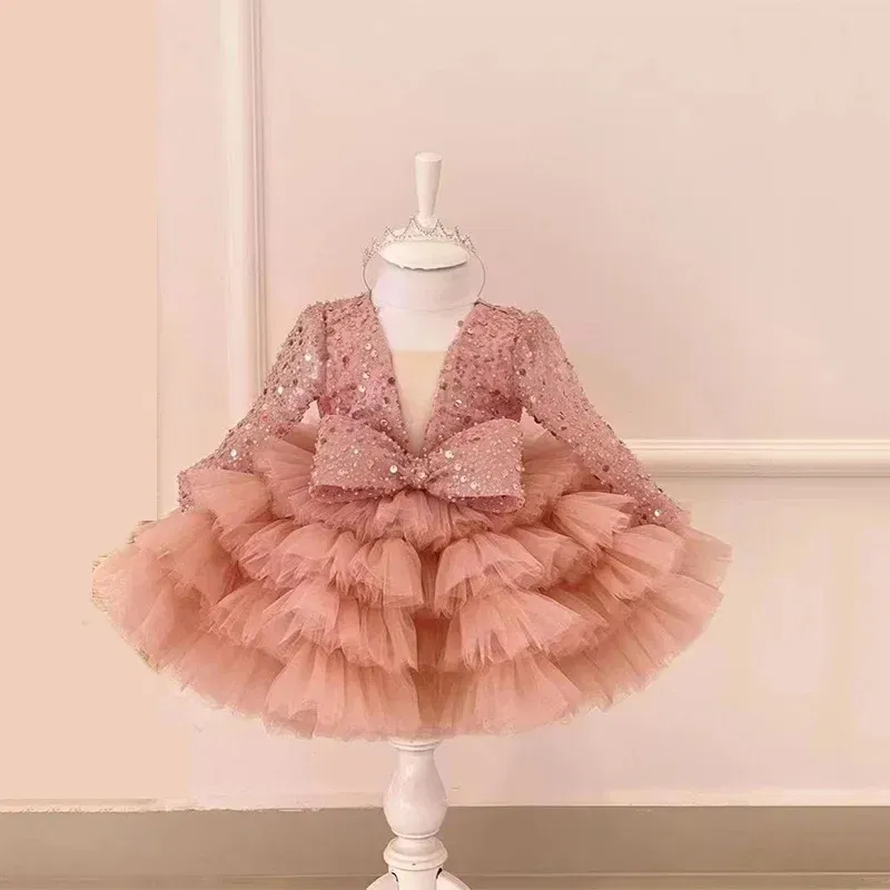 Kid Size: 9T, Color: Brown - 2-12 years old  sequin long-sleeved dress girl puffy dress girl lace birthday wedding flower girl bow performance dress
