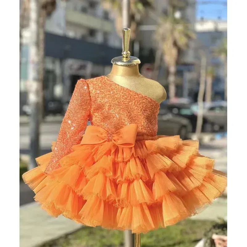 Kid Size: 9T, Color: Brown - 2-12 years old sequin long-sleeved dress girl puffy dress girl lace birthday wedding flower girl bow performance dress