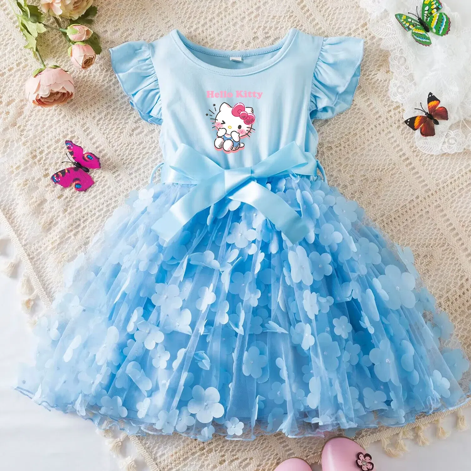 Color: Turquoise, Size: M - Hello Kitty Summer Dress for Kid's Casual Clothes 3D Butterfly Cute Baby Girls Princess Dress Party Dresses 2-6 Yrs