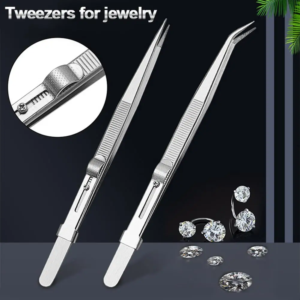 Color: CYAN - Jewelry Stainless Steel Tweezers Professional Adjustable Slide lock Antistatic Tweezers For Diy Diamond Gem Repair Tools