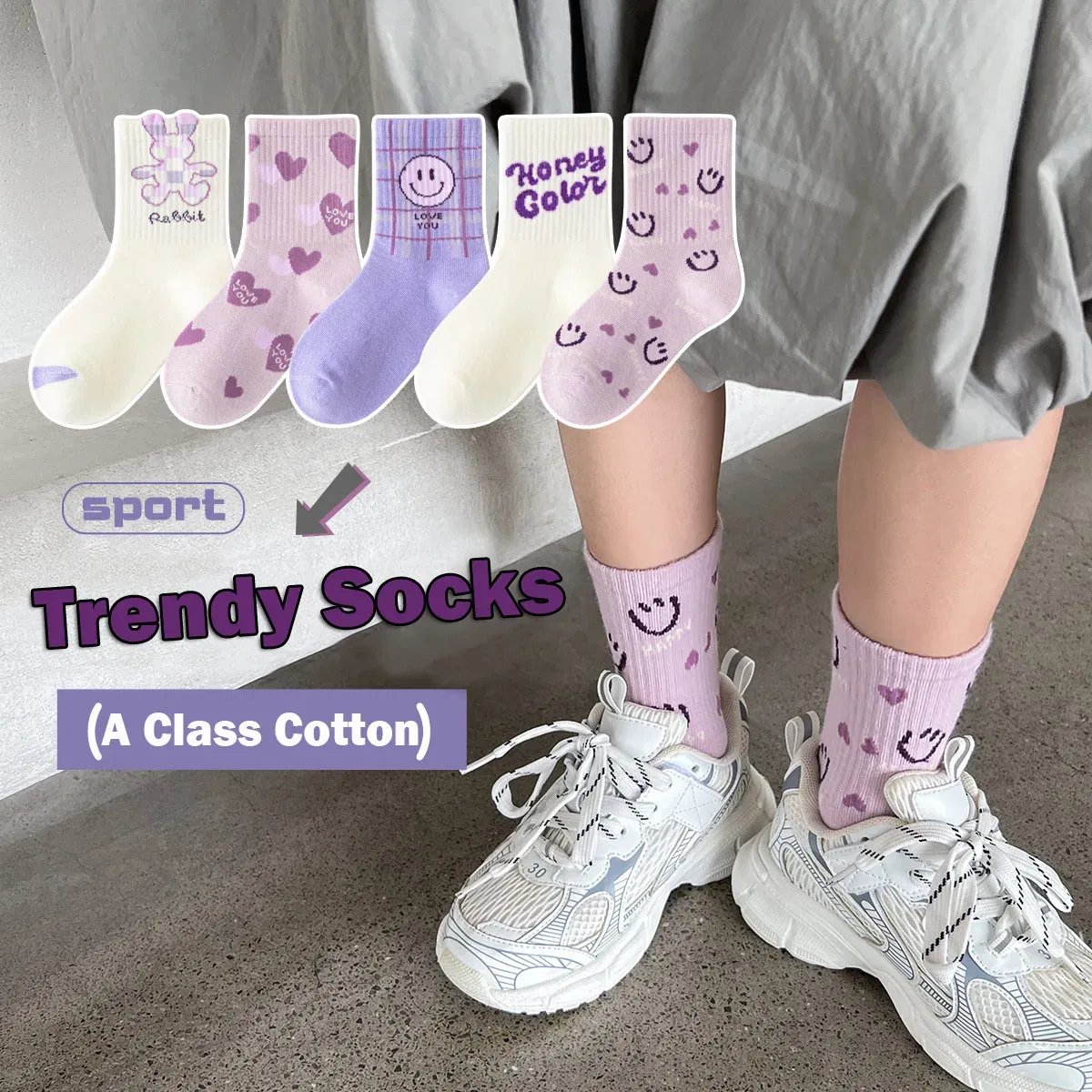 Color: black, Size: 7-9T - 5 Pairs Girls Socks Cotton Socks Spring Autumn Letter Pattern Calf Socks A Class Sporty Socks
