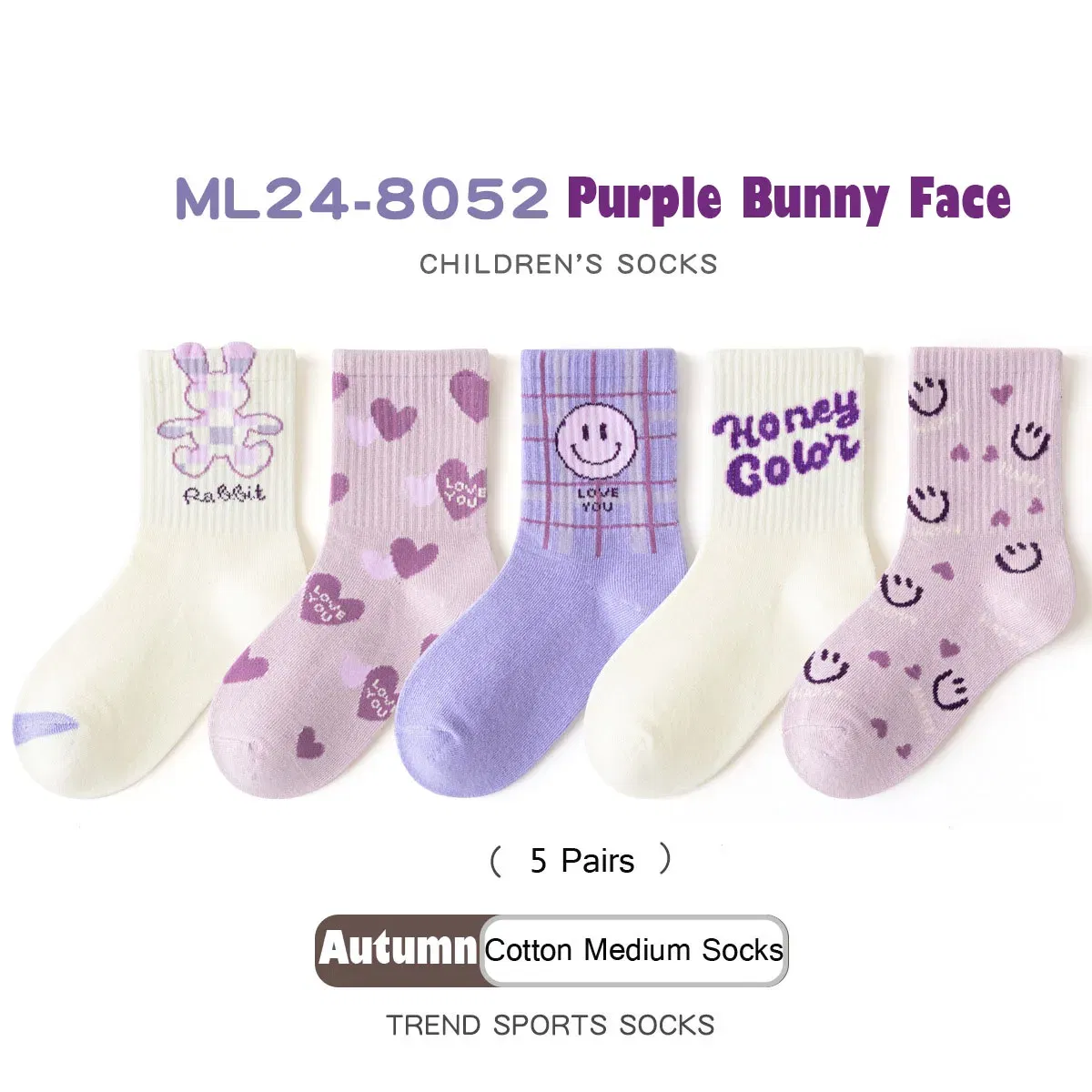 Color: black, Size: 7-9T - 5 Pairs Girls Socks Cotton Socks Spring Autumn Letter Pattern Calf Socks A Class Sporty Socks