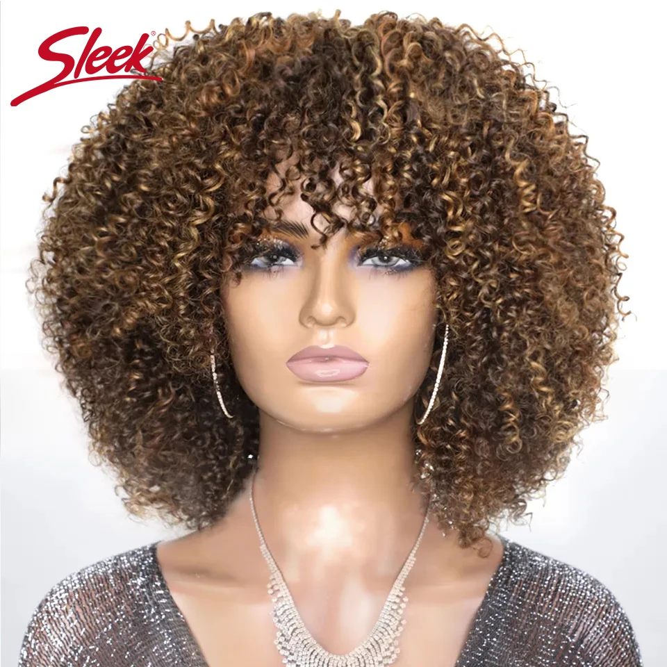 Hair Color: Natural Dark, Stretched Length: 14inches, Density: 230% - Sleek P4/27 Afro Kinky Curly Human Hair Bob Wigs Brazilian Highlight T1b/30 Remy Hair With Bang 250% Density Black Human Hair