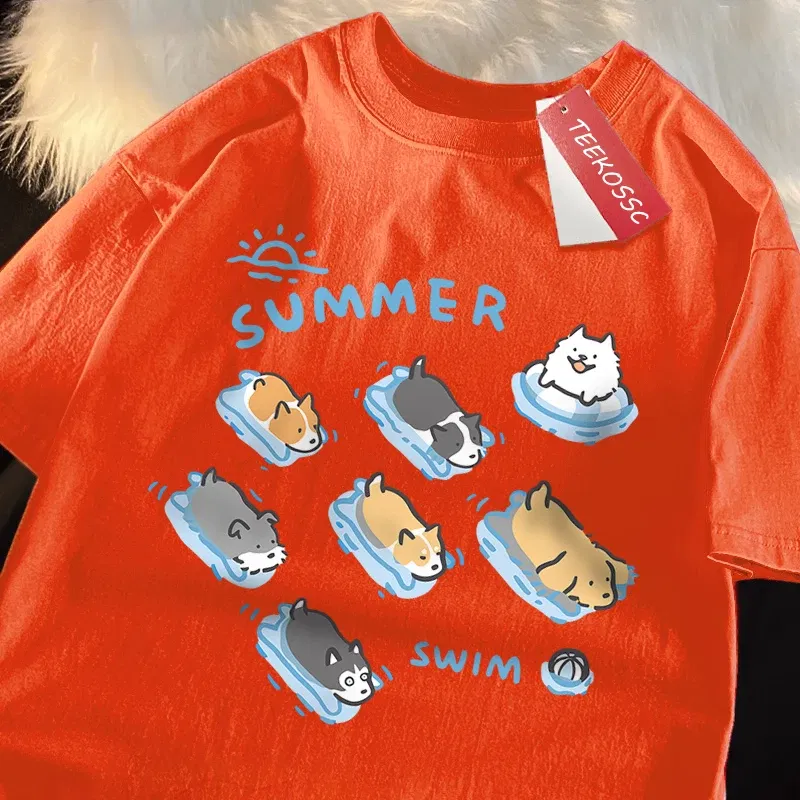 Color: GRAY, Size: XXXL - Fun Cat And Dog Swimming Japanese Style T-Shirt Female Casual Loose T-Shirts Summer Cotton Tops Fashion Breathable Tee Clothing