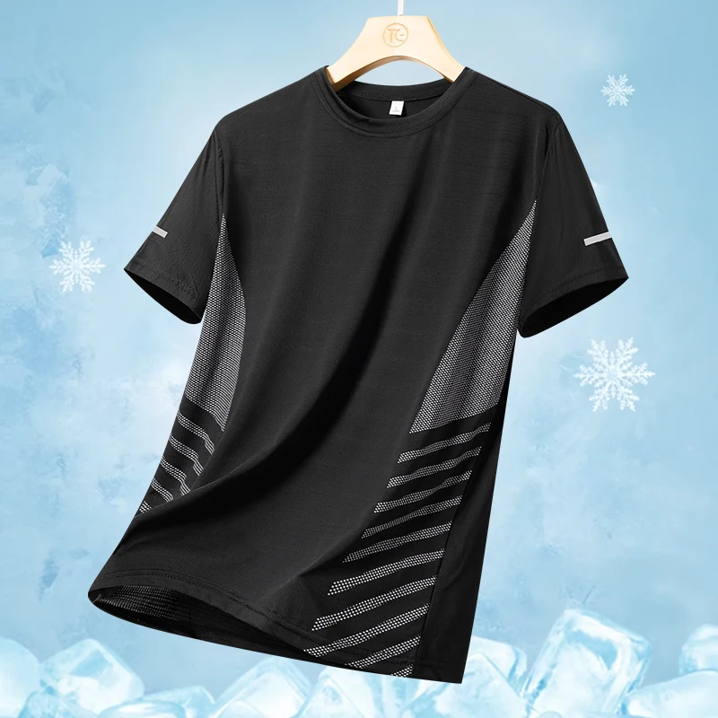 Color: GRAY, Size: XL - Men's Silk Ice Round Collar T-shirt, Simple Running Fitness Suit, Breathable Thin T-shirt, Quick Dry T-shirt, Summer