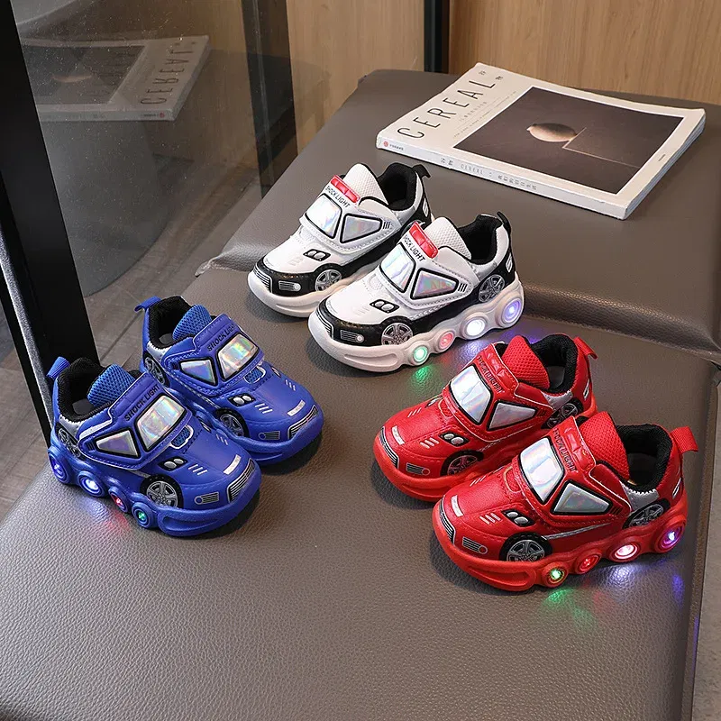 Color: WHITE, Shoe Size: 28 - Diseny Kids'Casual Shoes Led Light Car Club Cartoon PU Leather Spring Shoes For Children Anti-slip Red Blue Shoes Size 21-30