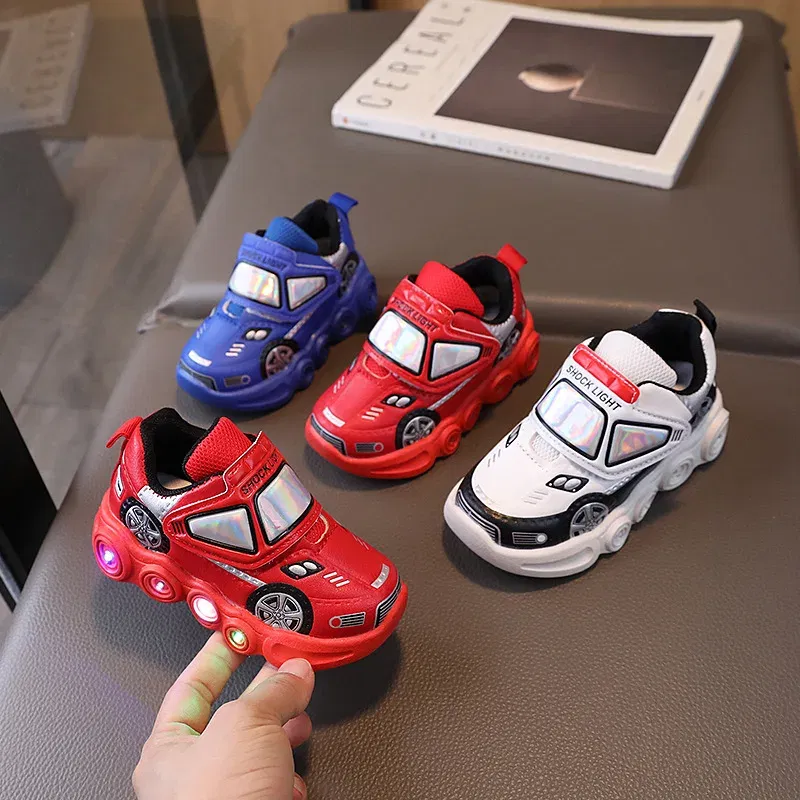 Color: WHITE, Shoe Size: 28 - Diseny Kids'Casual Shoes Led Light Car Club Cartoon PU Leather Spring Shoes For Children Anti-slip Red Blue Shoes Size 21-30