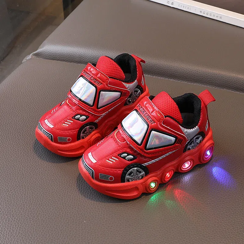 Color: WHITE, Shoe Size: 28 - Diseny Kids'Casual Shoes Led Light Car Club Cartoon PU Leather Spring Shoes For Children Anti-slip Red Blue Shoes Size 21-30