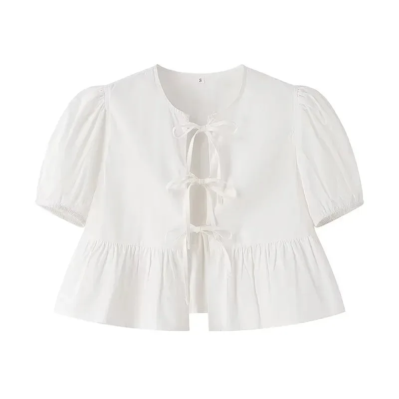 Color: black, Size: L - TRAF White Crop Top Women Black Ruffle Short Puff Sleeve Blouse Female Bow Tied Summer Blouses Woman 2024 Ruched Cute Tops