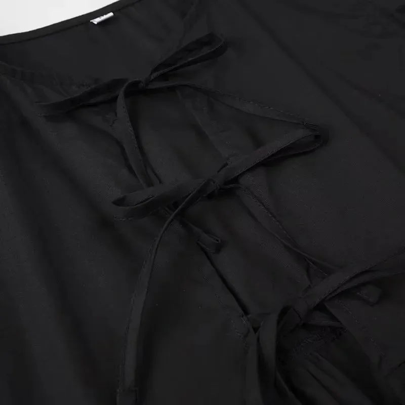 Color: black, Size: L - TRAF White Crop Top Women Black Ruffle Short Puff Sleeve Blouse Female Bow Tied Summer Blouses Woman 2024 Ruched Cute Tops