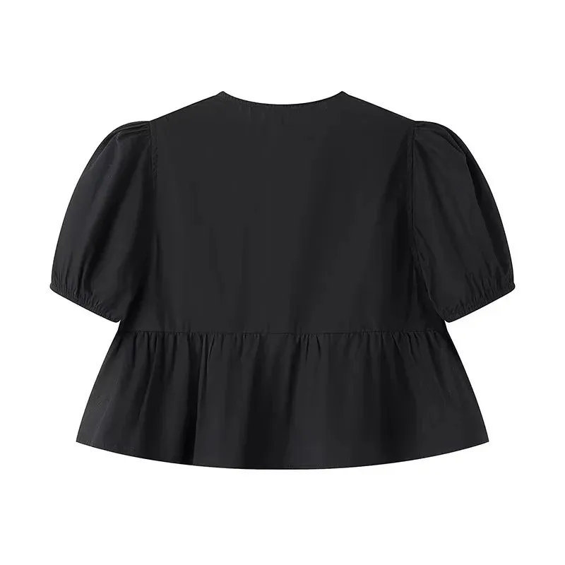 Color: black, Size: L - TRAF White Crop Top Women Black Ruffle Short Puff Sleeve Blouse Female Bow Tied Summer Blouses Woman 2024 Ruched Cute Tops