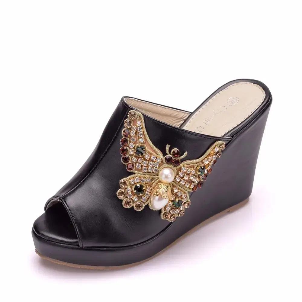 Color: black, Shoe Size: 41 - Crystal Queen 10cm Peep Toe Platform Wedges Slippers High Heels Beach Sandals Women