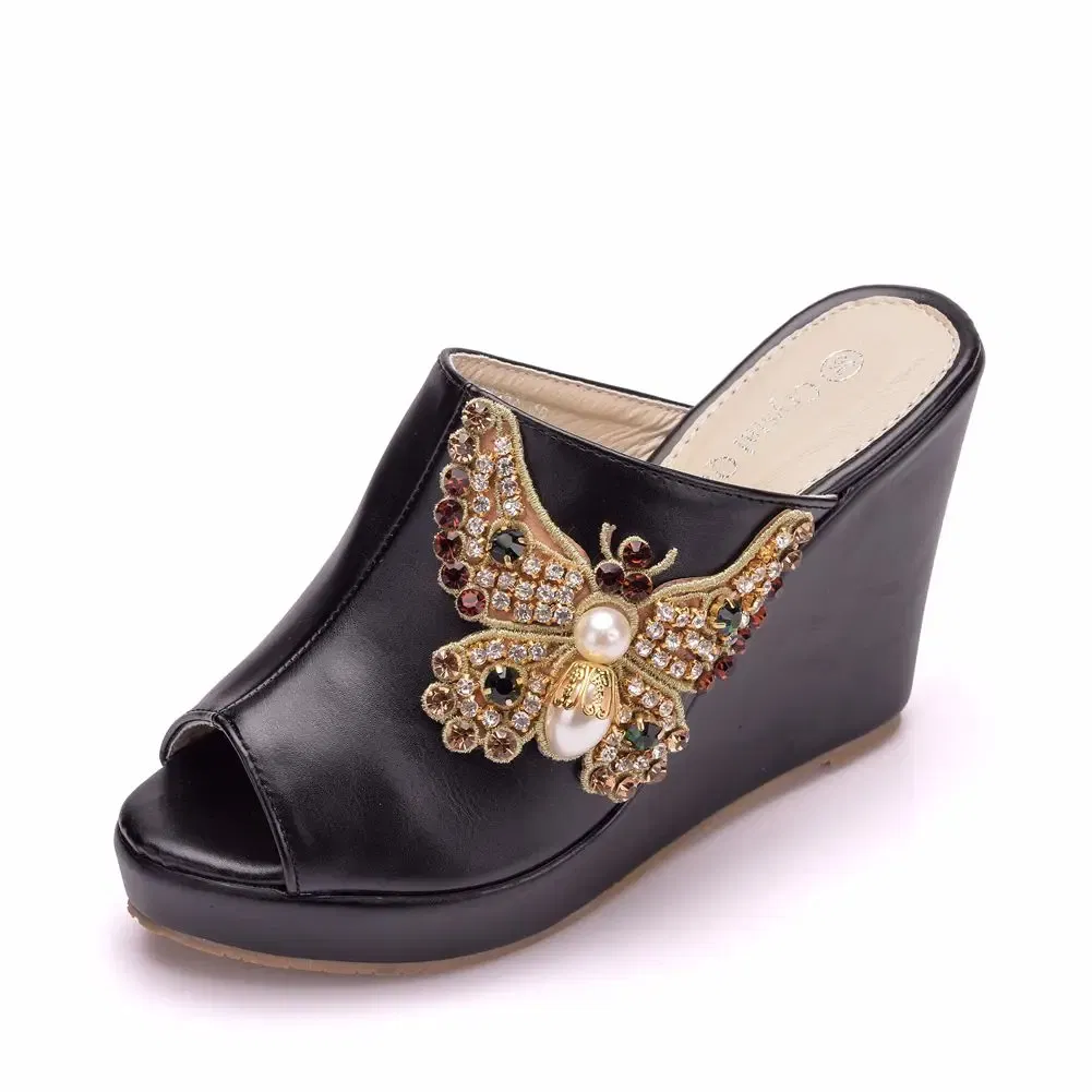 Color: black, Shoe Size: 41 - Crystal Queen 10cm Peep Toe Platform Wedges Slippers High Heels Beach Sandals Women