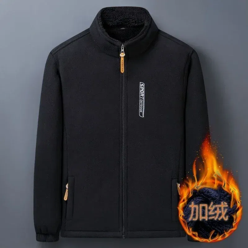 Color: Beige, Size: 5XL - Winter Men Outdoor Fleece Jacket Casual Polar Fleece Cold-Proof Thickened Coat Lightweight Windproof Zipper Cardigan Warm Jacket
