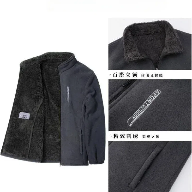 Color: Beige, Size: 5XL - Winter Men Outdoor Fleece Jacket Casual Polar Fleece Cold-Proof Thickened Coat Lightweight Windproof Zipper Cardigan Warm Jacket