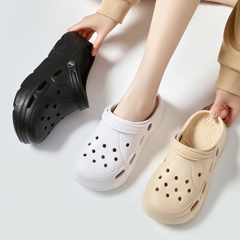 Shoe Size: 36-37, Color: Khaki - 2025 Summer Thick Platform Clogs Slippers Women Breathable Hollow Out Garden Sandals Woman Lightweight Non Slip Beach Sandles