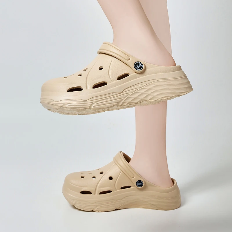 Shoe Size: 36-37, Color: Khaki - 2025 Summer Thick Platform Clogs Slippers Women Breathable Hollow Out Garden Sandals Woman Lightweight Non Slip Beach Sandles