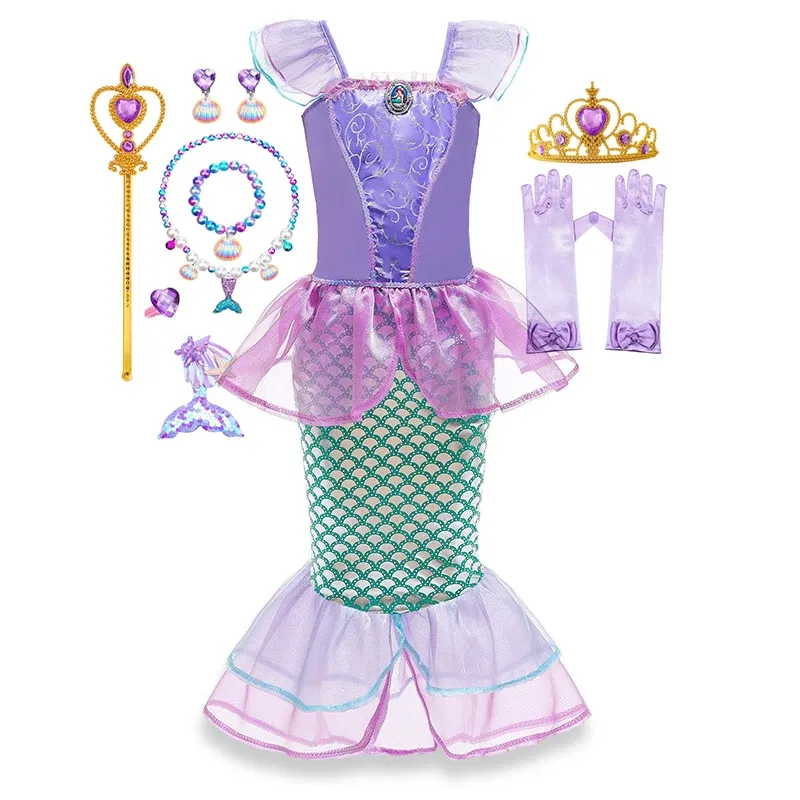 Color: WHITE, Kid Size: 5 - Disney Little Mermaid Ariel Costumes for Girls Princess Dress Cosplay Halloween Carnival Kids Birthday Party Dress Up Clothing