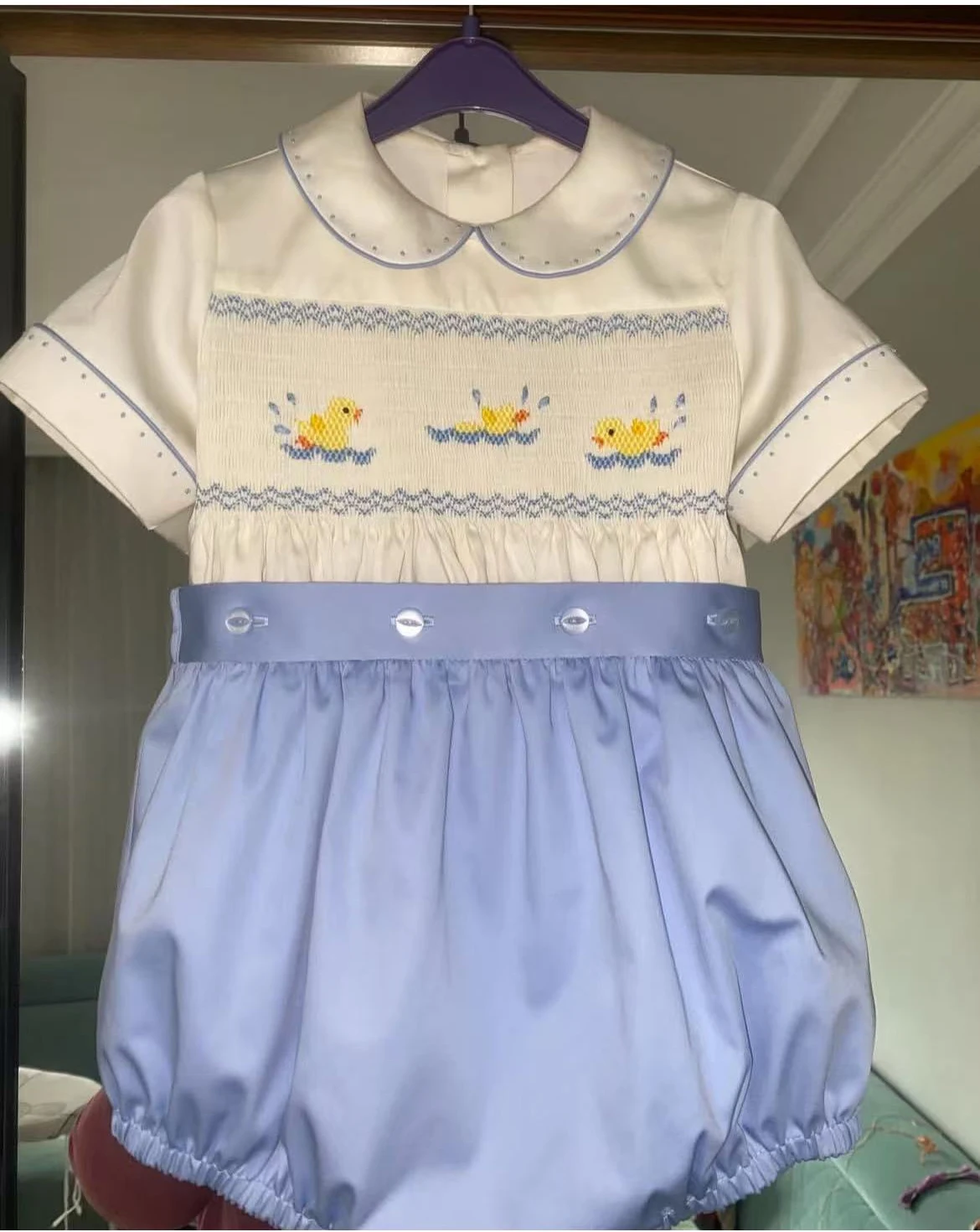 Kid Size: 6M - 0-4Y Baby Boy Summer Short Sleeves Yellow Ducks Handmade Embrodery Smocked Outfit Suit for Party Birthday Holiday A120