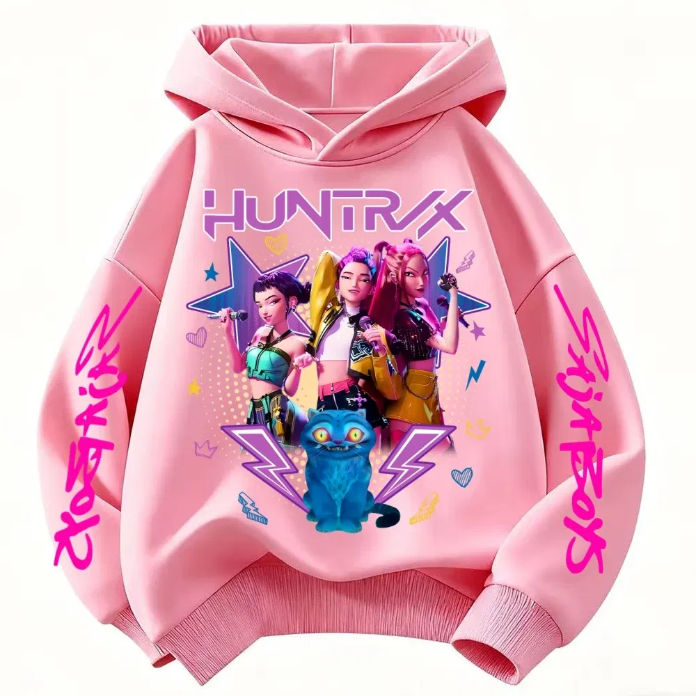 Color: Pink, Kid Size: 7 - Demone Hunter Girl's Pink Hooded Streetwear Autumn Cute Anime Baby Pullover Kids Y2K Kawaii Long Sleeved T-shirt Casual Clothes