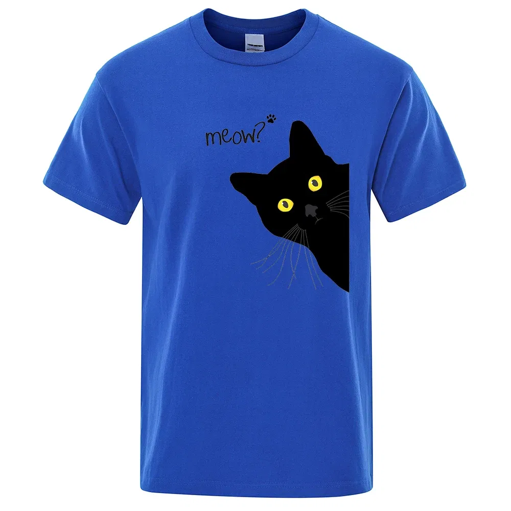 Color: GRAY, Size: L - Meow Black Cat Funny Printing Men T-Shirts Breathable Tee Clothes Summer Streetwear Tops Oversized Loose Cotton Short Sleeve