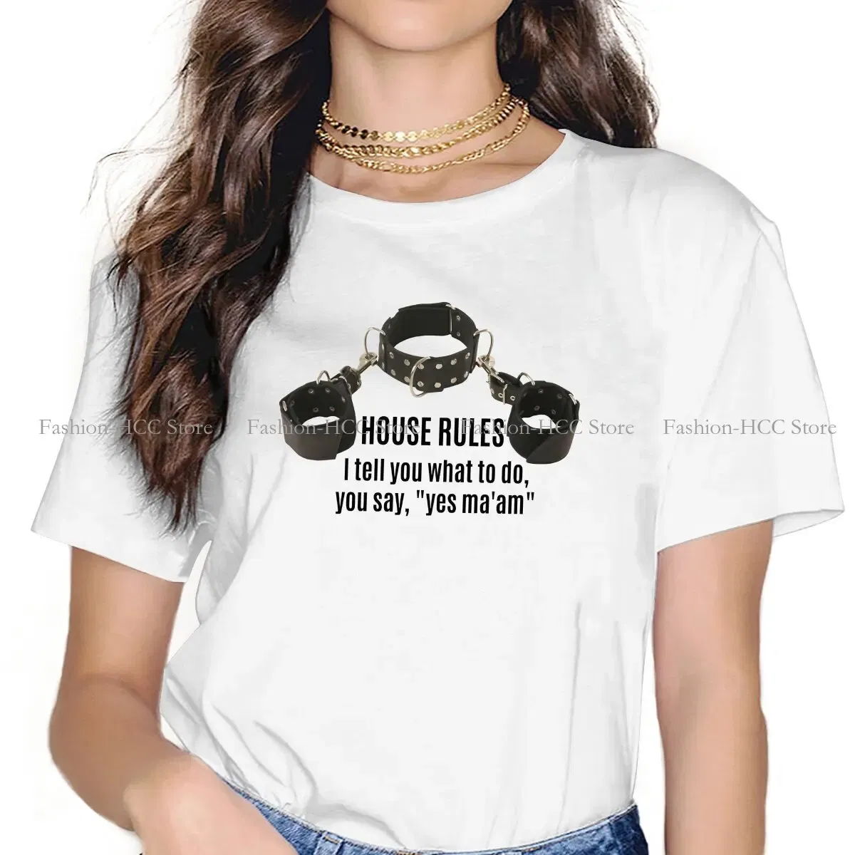 Color: black, Size: M - BDSM Bondage Discipline Dominance Submission Polyester TShirts Collar Cuffs House Rules Female Print Homme T Shirt Hipster Tops