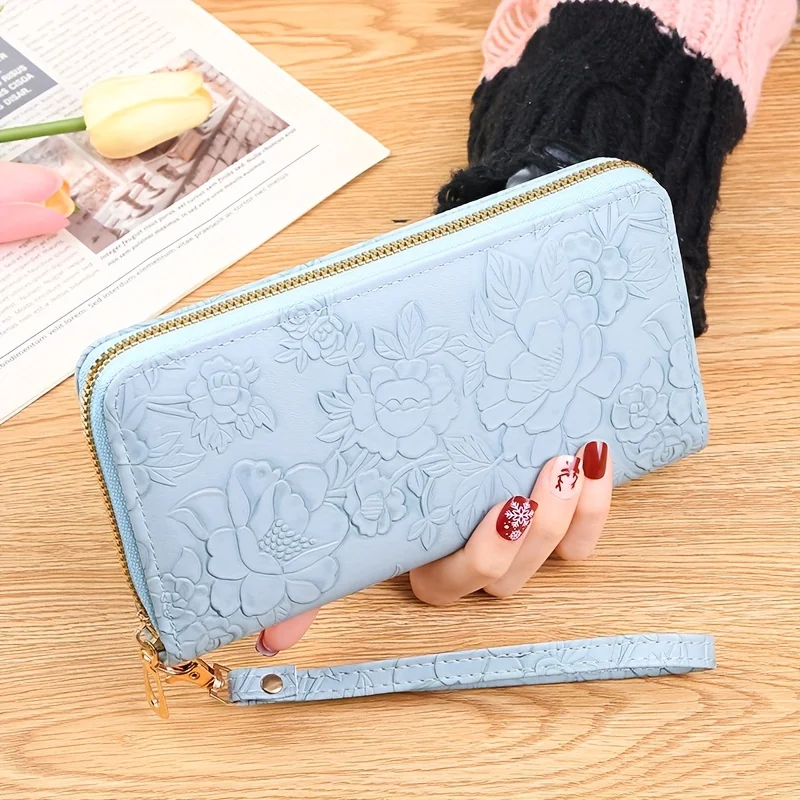 Color: Beige - Floral Embossed Long Wallet, PU Leather Credit Card Holder, Simple Trendy Phone Coin Clutch Purse For Women Hand-painted Wallet